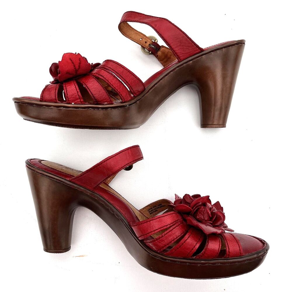 Born Red Leather Floral Rosette Heeled Sandals Women's 10.5 Ankle Strap - Picture 2 of 12
